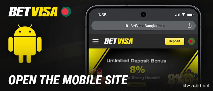 Visit the BetVisa website using an Android device